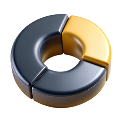 Black and gold 3D segmented donut chart on a transparent background, symbolizing analytics, portfolio allocation, crypto investments, and financial statistics..