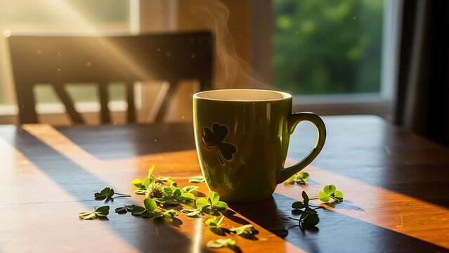 St Patrick's Day, Green mug with shamrocks and steaming tea on a wooden table