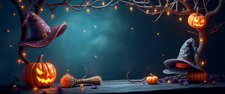 Spooky Halloween night scene with jack-o'-lanterns flickering softly, witch hats swaying gently; camera pans slowly amidst eerie ambient glow, creating a magical, cinematic atmosphere.