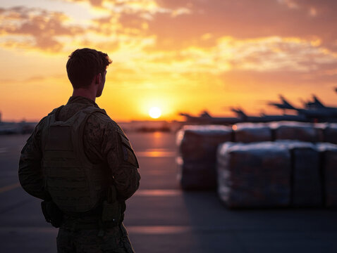 Soldier watches sunset over airbase during evening shift