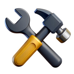 3D illustration of a hammer and wrench crossed together on transparent background, commonly used for repair, maintenance, settings, or support concepts..