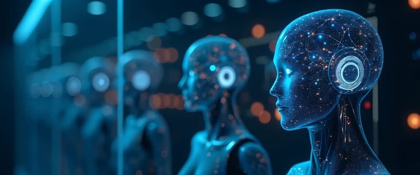 Futuristic humanoid robot head with glowing eye rotates gently as the camera slowly pans, set against a dynamic digital background with light particles, in a cinematic sci-fi style.