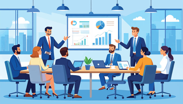 Business Meeting Scenarios Presentation Brainstorming Negotiation Training - Vector Illustration