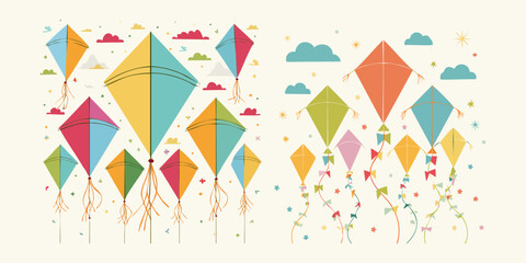 A Symphony of Kites: Colorful kites dance against the backdrop of puffy clouds, each soaring high on the breeze, embodying the spirit of carefree joy and freedom. representing Makar Sankranti