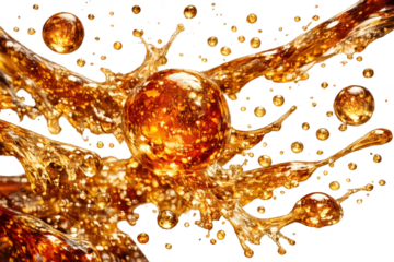 Golden liquid spheres splashing, transparent background image, digital art
