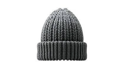 Fototapeta premium A grayscale image showcases a ribbed knit beanie hat against a stark black background