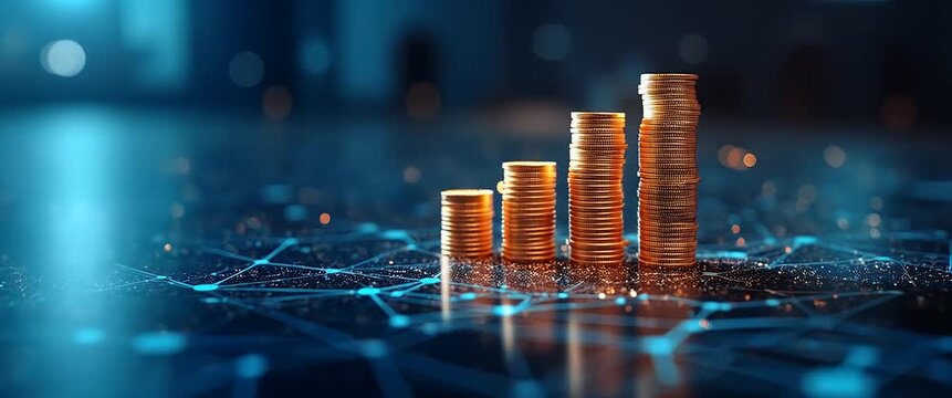 Stacks of coins rise steadily on a digital network surface, with ambient lights flickering softly; the camera slowly pans across this cinematic financial growth scene.