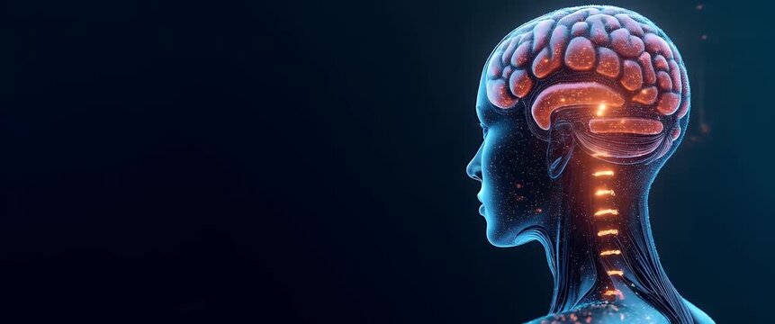 Cinematic side profile of a glowing digital human brain, with gentle ambient light flickers; the camera steadily pans to reveal a futuristic, high-tech background, emphasizing innovation and technolog