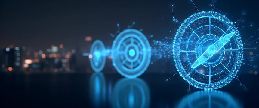 Futuristic digital compass interfaces rotate gently against a cityscape backdrop, as the camera smoothly pans, creating a cinematic exploration of technology and innovation.