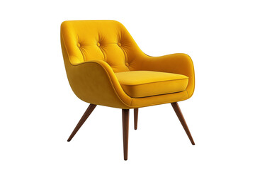 Yellow Chair with Wooden Legs Isolated on Transparent Background. Stylish Yellow Accent Chair with Wooden Legs PNG.