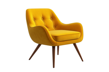 Yellow Chair with Wooden Legs Isolated on Transparent Background. Stylish Yellow Accent Chair with Wooden Legs PNG.