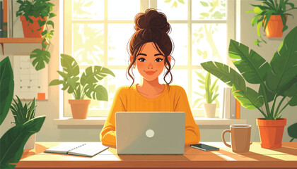 Remote Work Scene Person on Video Call Home Office Setup Calendar Coffee Mug - Vector Illustration