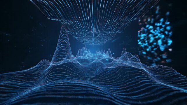 Digital wave animation flows with blue particle data. Technology wireframe shows wave peaks. Blue digital waves form abstract landscape. Wave animation with particle flow creates tech visualization.