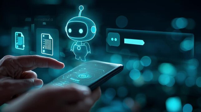 Futuristic robot assistant on smartphone screen showing data security check and digital document verification for cybersecurity concept stock video