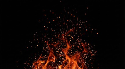 Fire sparks flying against black background with orange flames,rising embers and glowing particles,ideal for heat,energy,danger,or abstract visual effects