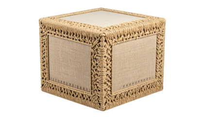 Cube-shaped woven side table, natural fiber trim, canvas panels, decorative knots, neutral tones