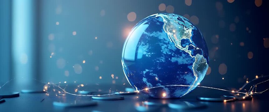 A realistic globe gently rotates on a sleek surface as the camera slowly pans, with ambient lights softly flickering in the background, creating a cinematic and inspiring atmosphere.