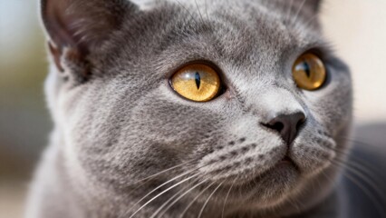 Closeup of a gray cat with yellow eyes