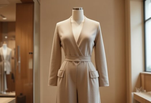 Vestido minimalista de lana beige para mujer con corte de pierna ancha, sobre un maniqu&iacute; sin cabeza, fondo de sala de exposici&oacute;n en tonos c&aacute;lidos