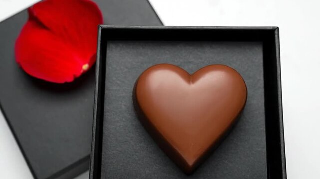 A chocolate heart sits within a box, accompanied by a bright red rose petal