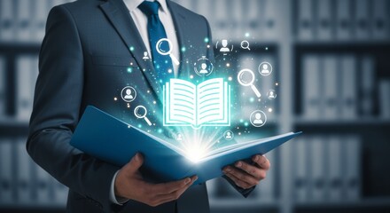 Corporate professional reviewing digital policy document with compliance icons. Governance, regulation management, and modern business documentation workflow in a professional office environment.