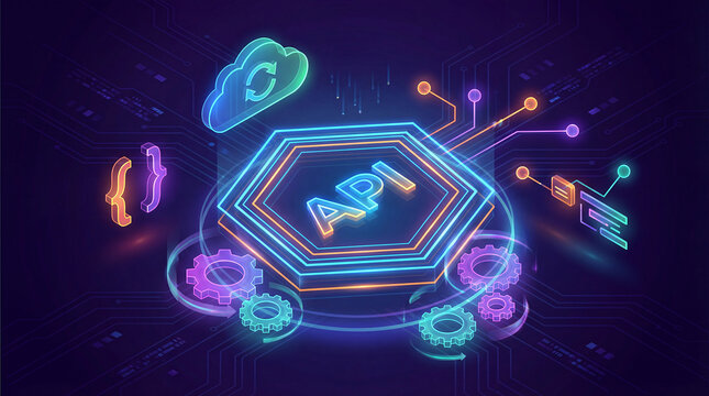 neon api technology concept with circuit board and gears - Powered by Adobe