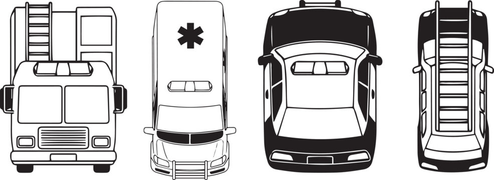 Emergency vehicles, top view of Fire truck, Ambulance and police car displayed on a white backdrop, demonstrating the critical roles these vehicles play in ensuring safety and security.