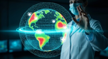 Male scientist analyzing global health data on holographic earth map with medical icons, visualizing pandemic tracking, international epidemiology, and futuristic healthcare technology concept.