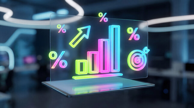 neon holographic graph on laptop screen in office - Powered by Adobe
