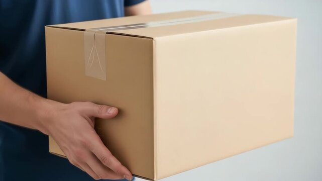 Person holding a cardboard box with tape in an indoor setting,   Close-up of a man's hands carefully carrying a large, sealed cardboard donation box, 