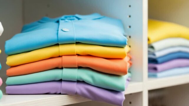  man's hand slowly pulling a stack of neatly folded shirts from a closet shelf, 