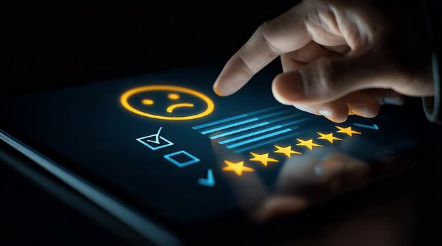 Hand Tapping Sad Face Emoji Rating on Tablet Screen for Negative Feedback Reviews Customer Satisfaction Survey App Interface Dark Background