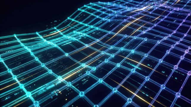 Abstract digital neon network mesh,technology grid structure with glowing lines and data points,perfect for futuristic communication or blockchain backgrounds - Powered by Adobe
