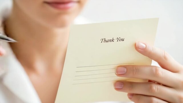 Woman writing on thank you card with soft natural light  , Close-up of a woman's hand holding a thank you note, with just the very edge of her chin visible as she writes