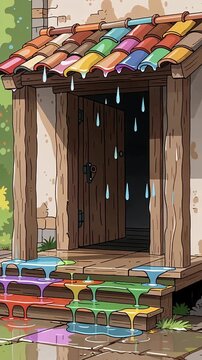 Colorful Rainbow Drip Paint Doorway Outdoor Rustic Scene.