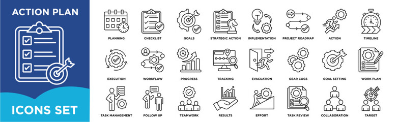 Action plan icon set illustrating planning workflow, goal setting, task execution, progress tracking, teamwork, timelines, and strategic business processes for management and corporate projects.