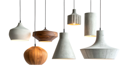 Collection of modern pendant lights, various shapes, materials, and styles, isolated on black