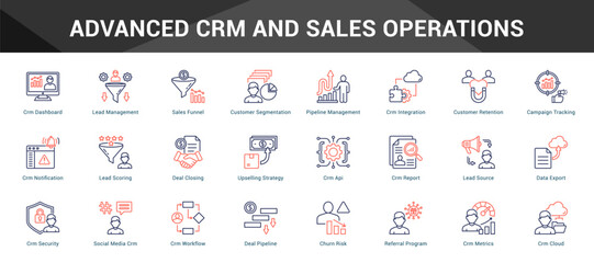 Advanced Crm And Sales Operations Cohesive set of minimalist vector icons representing key ideas with visual clarity