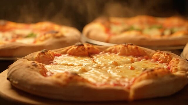 Delicious cheesy pizzas freshly baked in a hot oven