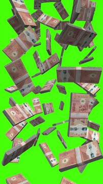 Vertical Libyan Dinar bills falling on chromakey, LYD cash rain