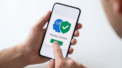 person holding smartphone with passkey verification on screen