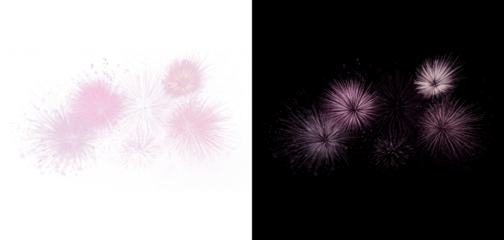 Split illustration with transparent PNG background and black background with bright purple fireworks of different shades. Abstract design element.