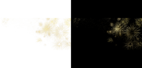 Split illustration with transparent PNG and black background showing golden and silver fireworks exploding at the sides. Abstract design element.