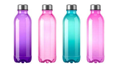 Four colorful water bottles with silver caps stand side-by-side against a black background