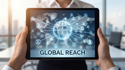 person holding tablet with global reach concept on screen