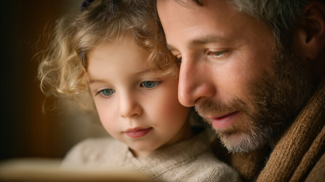 Father and daughter reading together, enjoying story time with warm expressions and cozy atmosphere.