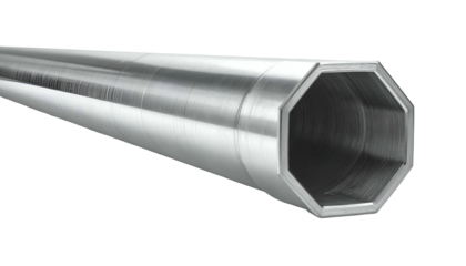 A close-up of a silver metal tube with an octagonal opening at one end against a black backdrop
