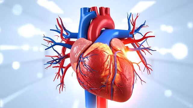 A medical illustration of the human heart, complete with arteries, veins, and internal structures