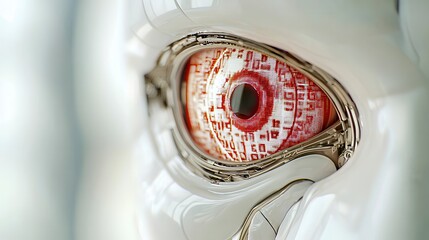 Close Up of a Robotic Eye with Red Digital Pattern