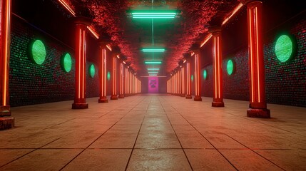 Red And Green Neon Lit Pixelated Tunnel With Glowing Columns